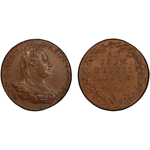 AUSTRIAN NETHERLANDS: Maria Theresia, 1740-1780, AE 2 liards, Brussels, 1777, PCGS MS63 BN