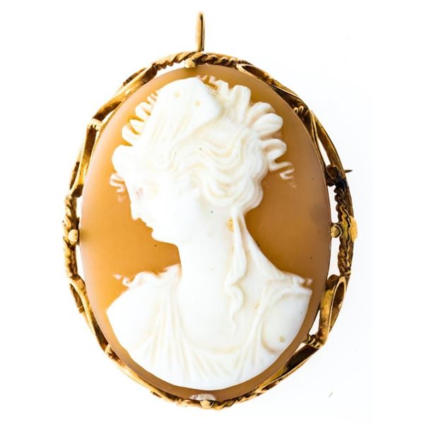 Hand Made 14kt Yellow Gold Art Deco BroochPendant, Lady Portrait Cameo