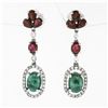 Image 1 : 18K White Gold 4.15 ctw Cabochon Emerald w/ Ruby Diamond Halo Drop Dangle Earrin