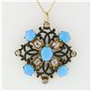 Image 2 : Antique Victorian 18k Gold Mine Diamond Turquoise & Black Enamel Open Pendant