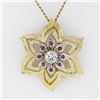 Image 2 : Vintage 14k Two Tone Gold Diamond Ruby Florentine Finish Flower Pendant Necklace