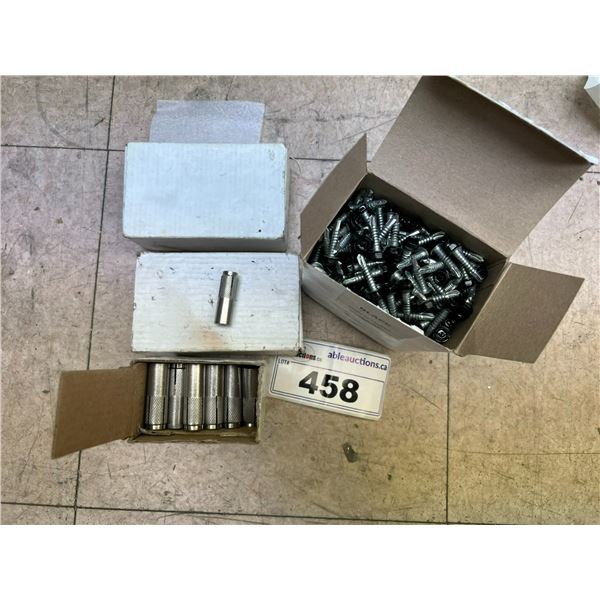 3 BOXES (TOTAL PIECES) 3/8" STAINLESS STEEL DROP IN ANCHORS PLUS 5-PIECES NO. 12 X 1" HEX HEAD