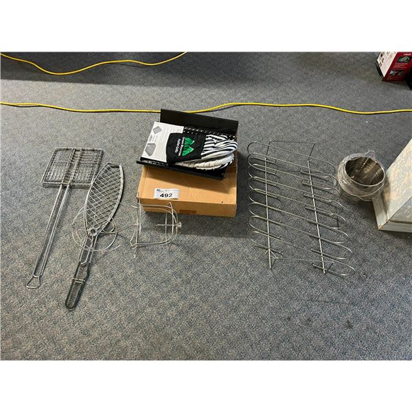 ASSORTED BBQ ACCESSORIES - STAINLESS RIB-RACK, DRIP TRAY, GRILL TOPPER, CHICKEN ROTISSERIE, FISH