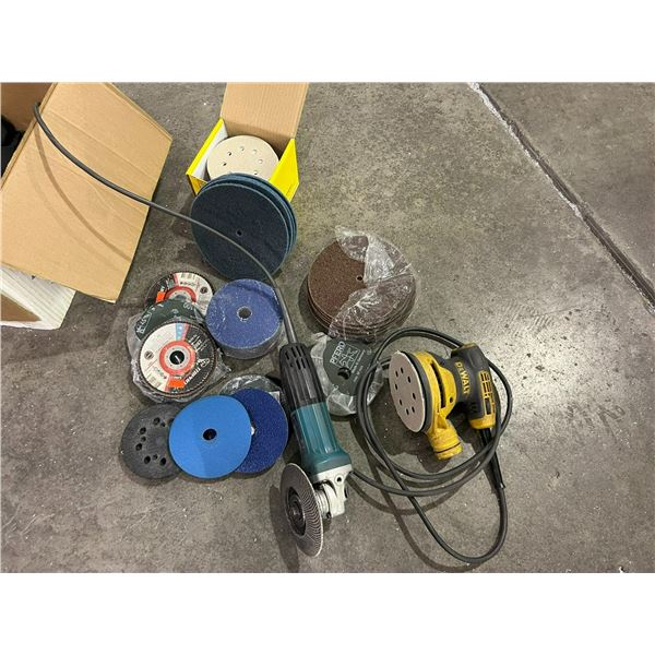 GROUP LOT MAKITA 4 1/2" ANGLE GRINDER, DEWALT 5" RANDOM ORBIT SANDER, 6 1/2" AIR SANDER & LARGE