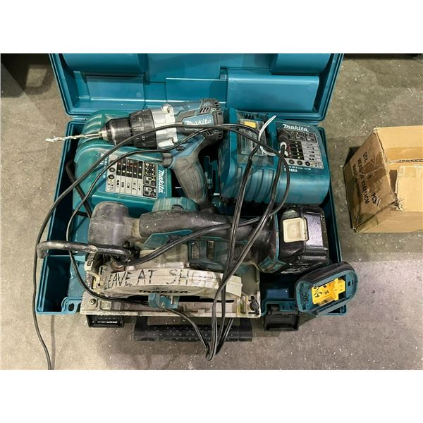 MAKITA 18V LI-ION BATTERY INCLUDES 3/8" DRILL, 1/2" HAMMER DRILL, 6 1/2" SKILL SAW & 1 3AH BATTERY