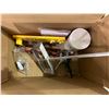 Image 2 : BOX WITH GREASE GUN, 6-TON BOTTLE JACK, PAINT MIXER & WHEEL PULLER