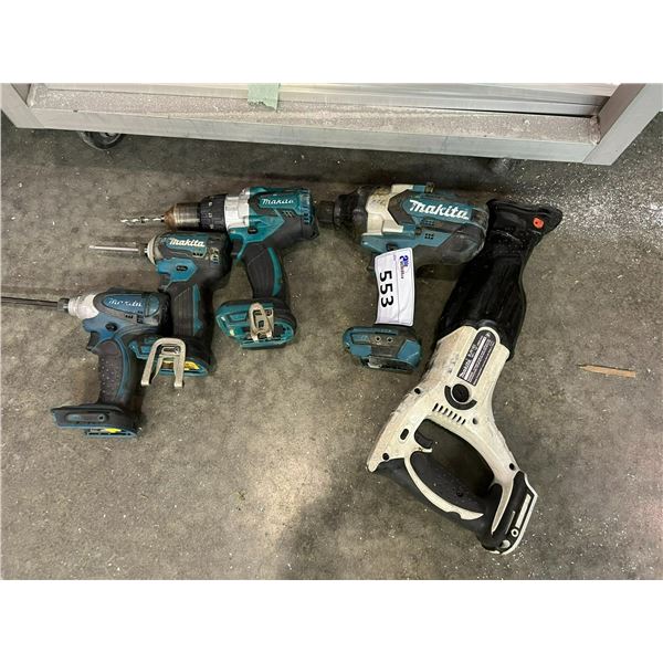 5 X MAKITA 18V TOOLS - MODEL VJR182 SABER SAW, MODEL VTW800 IMPACT GUN, MODEL VHP431 1/2" HAMMER