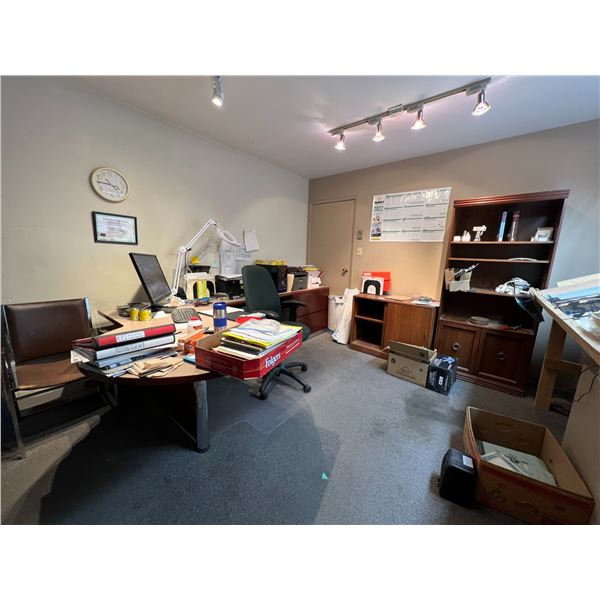 OFFICE FURNITURE COMPONENTS - DESK WITH T-TOP, FILE CABINET, CHAIR, BOOK CASE & STORAGE CABINET
