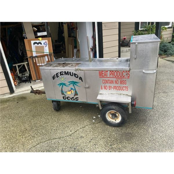 STAINLESS STEEL HOT DOG CART.  NO REGISTRATION.  70" LONG OVERALL.  NO BARBEQUE INCLUDED.