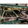 Image 2 : SHELF OF ASSORTED DEEP FRYING BASKETS, METAL SERVING TRAYS, METAL REUSABLE CHAFER FUEL SOURCES, AND