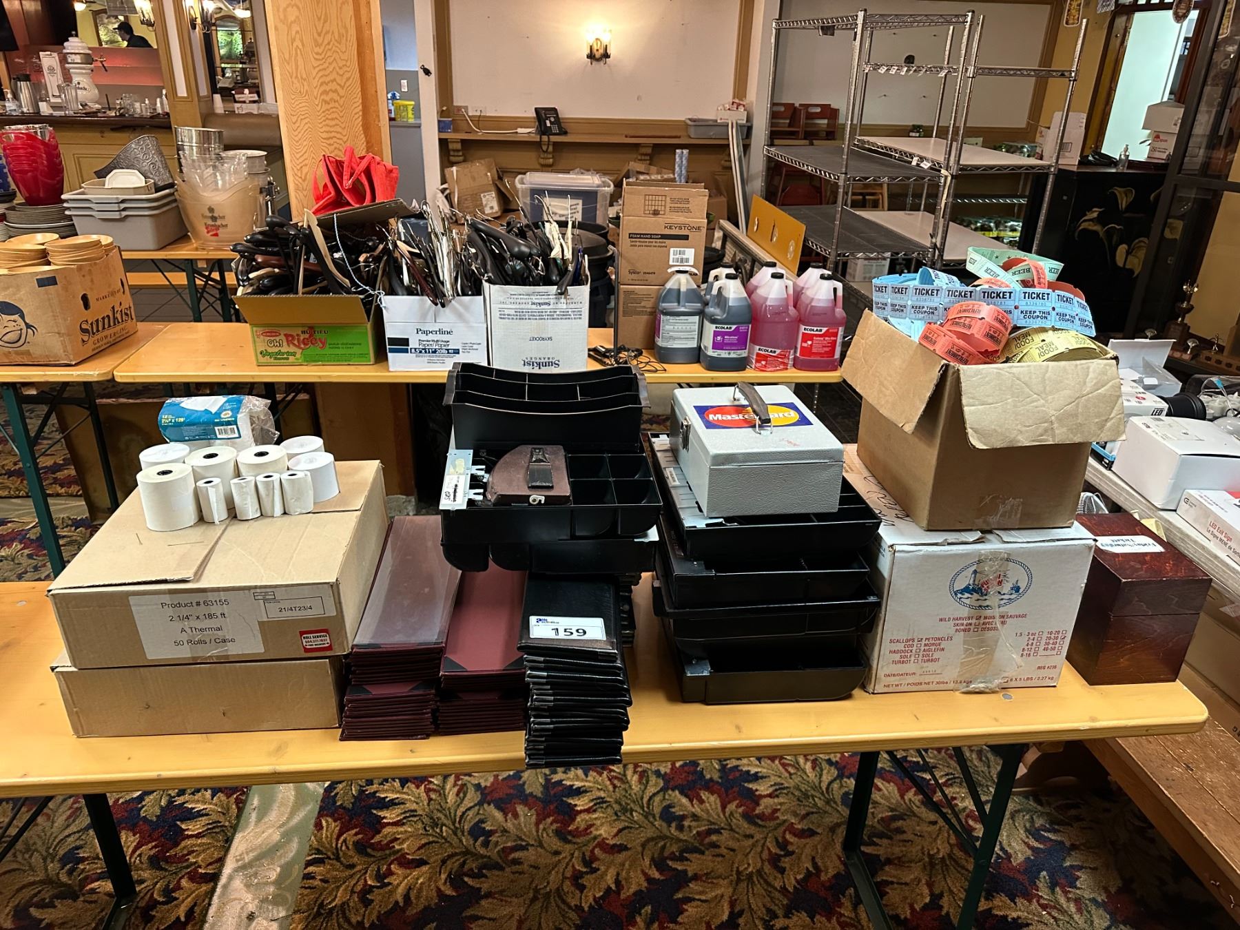 LOT OF ASSORTED RECEIPT PAPER, MENUS, CASH DRAWERS, CASH BOX AND ...
