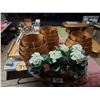 Image 2 : RED WOOD ROUND HIGH TABLE 36" X 42" WITH WOODEN DECORATIVE PLANTERS AND FAUX FLOWERS