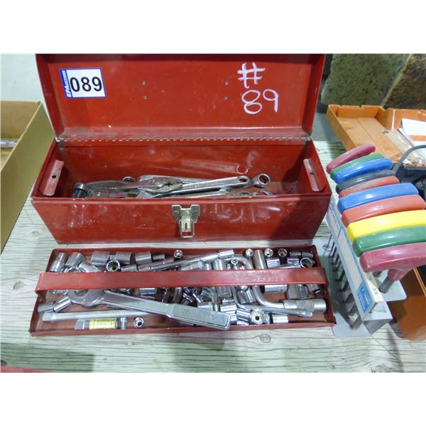 Tool box c/w qty of sockets, wrenches and set of Allen keys