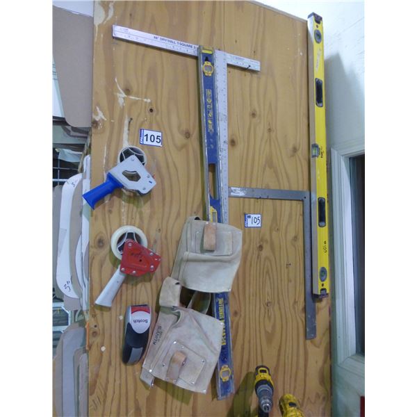 2- levels, 2- squares, tool belt, tape dispensers