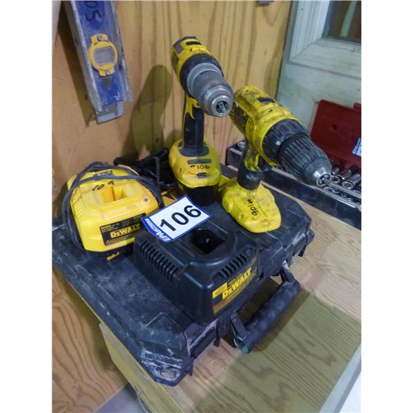 2- DeWalt cordless 18V drills c/w chargers and case
