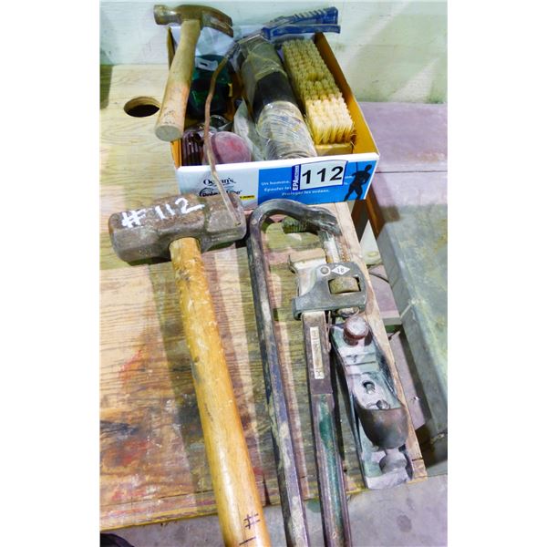 Pipe wrench, crow bar, planer and sledge hammer and miscellaneous