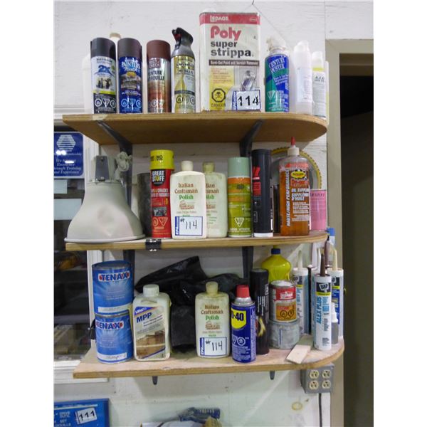 Assortment of spray paints , strippers, waxes, polishers, grease, caulking, oils etc.