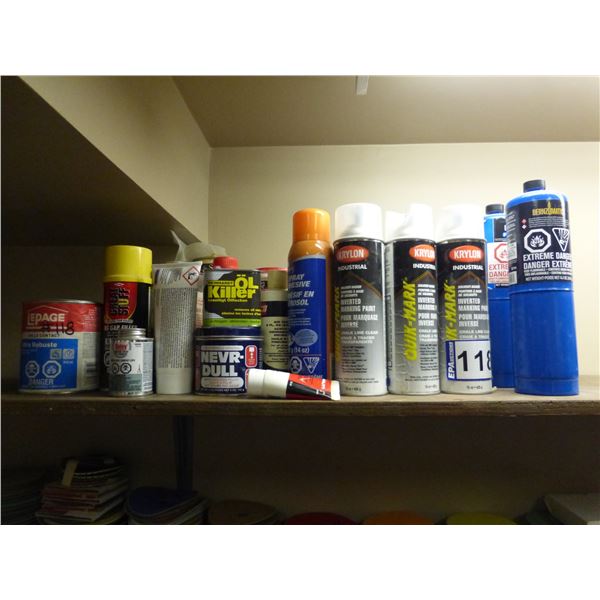 Qty of adhesive sprays, floor marking paint, propane bottles, polish, gap filler etc.
