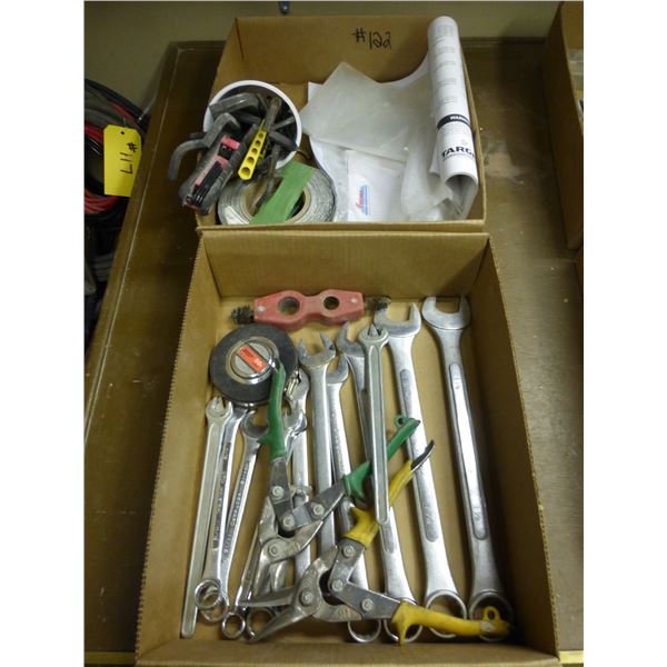 2- boxes of wrenches, carborundum, assorted., Allen keys, band cutters and Misc.