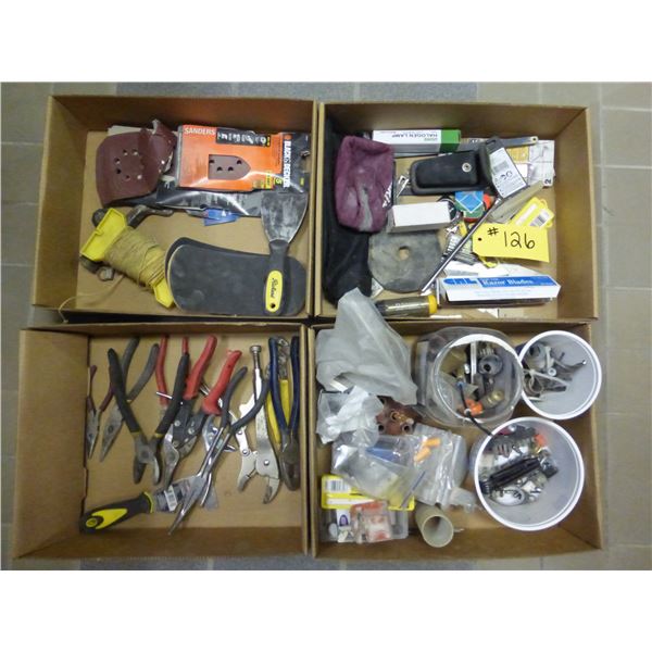4- boxes of pliers, vice gripes, razor blades, drill bits, sand paper, Allen wrenches and Misc.