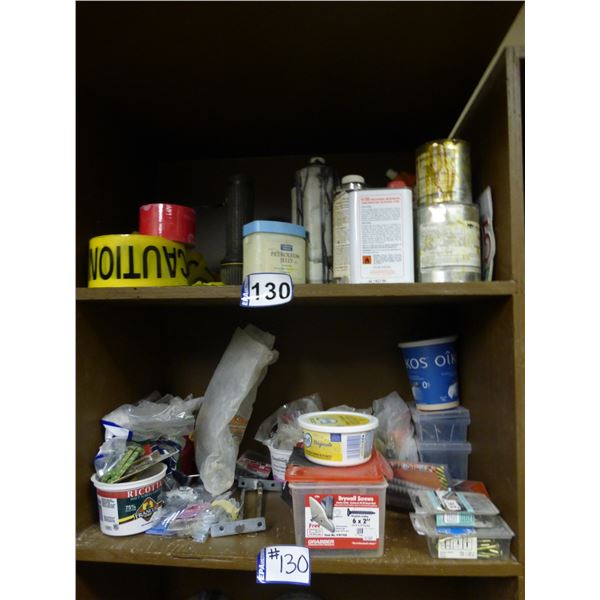 Qty of sealer impregnator, oil and grease stain remover, flash light, "caution" tape, epoxy, screws 