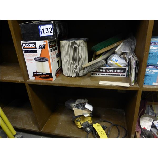 Welding rods, small spotlight, vacuum filters, steel wool, steel brush and misc.