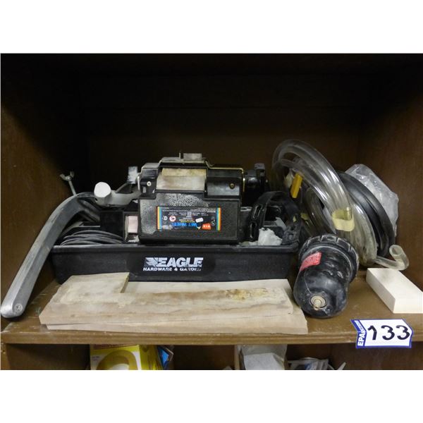 Wet wheel knife sharpening unit, glue gun, plastic hose and air filter canister