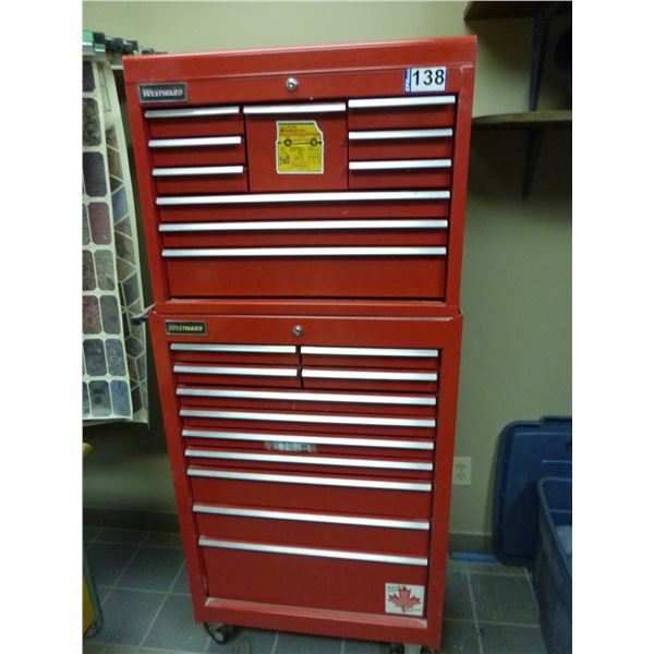 Westward tool box on wheels c/w screwdrivers, wrenches, hammers, plumbers tape, plumbing and air fit