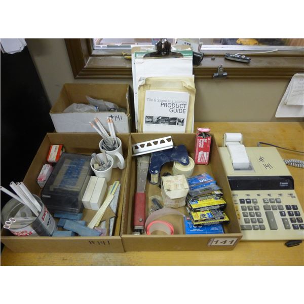 Qty of office supplies, sharpening blocks, staples, calculator, wax pencils, clipboard and misc.