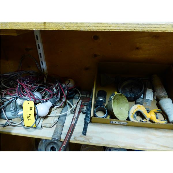 Pipe wrench, hammer, 5" hole saw, tool belt, light strings, screws and Misc.