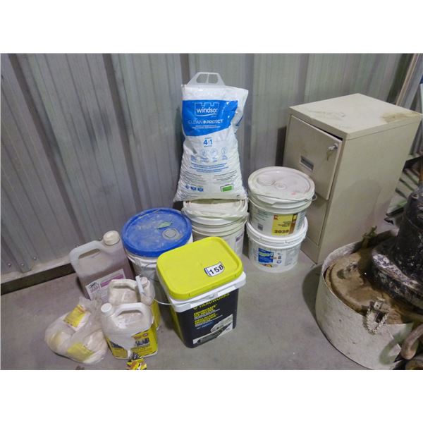 2 drawer filing cabinet, ice melt, sidewalk salt, tile adhesive, all purpose cleaner, VCT adhesive, 