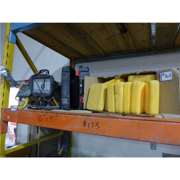 2- spotlights, trouble light, box of sponges and misc.