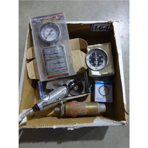 Die grinder, compression tester, RPM tester and pressure gauge.