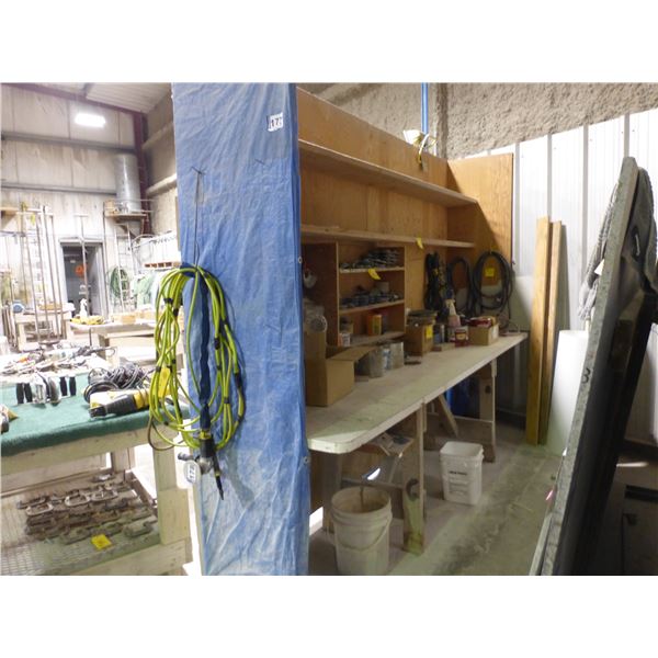 Work bench c/w shelves, 10 1/2' x 30" x 3' H (top of counter) 8' H (top of shelf)