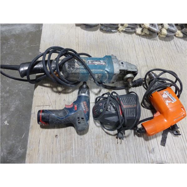 Makita angle grinder, Bosch elec. drill and Bosch battery powered drill c/w charger
