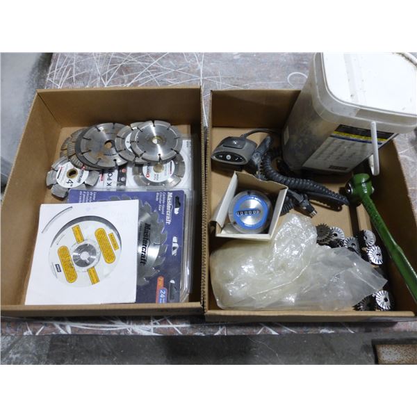 2- boxes of diamond blades (various sizes), multi plugs, light string sockets, carborundum grinder t