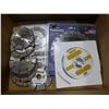 Image 2 : 2- boxes of diamond blades (various sizes), multi plugs, light string sockets, carborundum grinder t