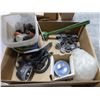 Image 3 : 2- boxes of diamond blades (various sizes), multi plugs, light string sockets, carborundum grinder t