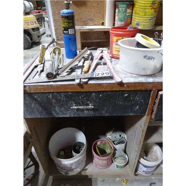 Qty of bolt cutters, pipe wrench, square, torch, crow bar, tape and Misc.