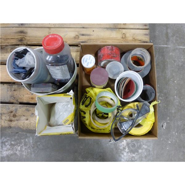 Qty of "caution" tape, polishing pads, duct tape, masks, horseshoes, bits and Misc.