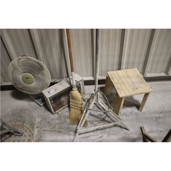 Light, fan, heater and stool