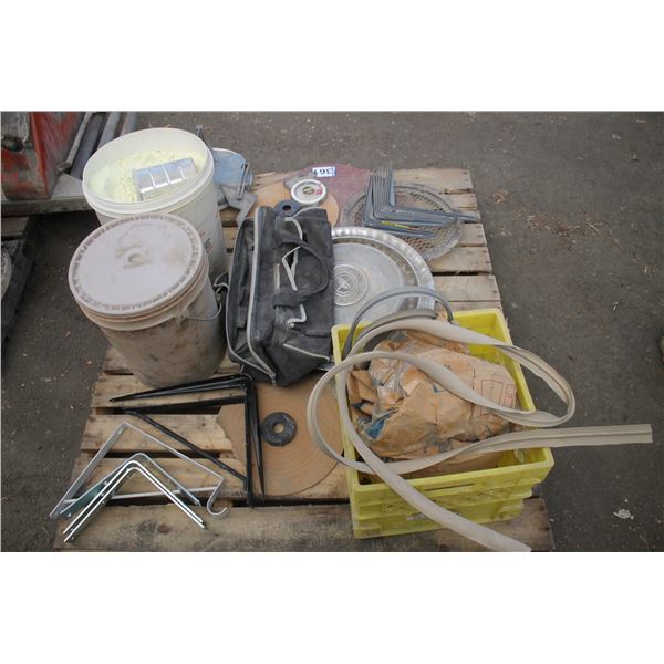 Pallet of brackets, polishing compounds, tile cutter and misc.