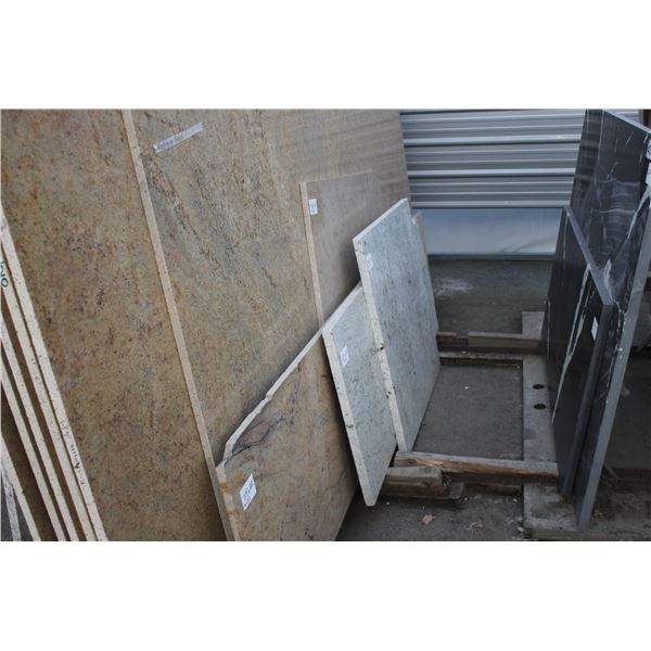 7- Slabs, Various sizes x 3/4" thick, and 1 1/4" thick, (5Pces) Kashmere gold Granite & (2Pces) Colo
