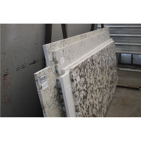 5- Slabs, Various sizes x 1 1/4" thick, Granite and Quartz, Bianco antico, Caesarstone organic white