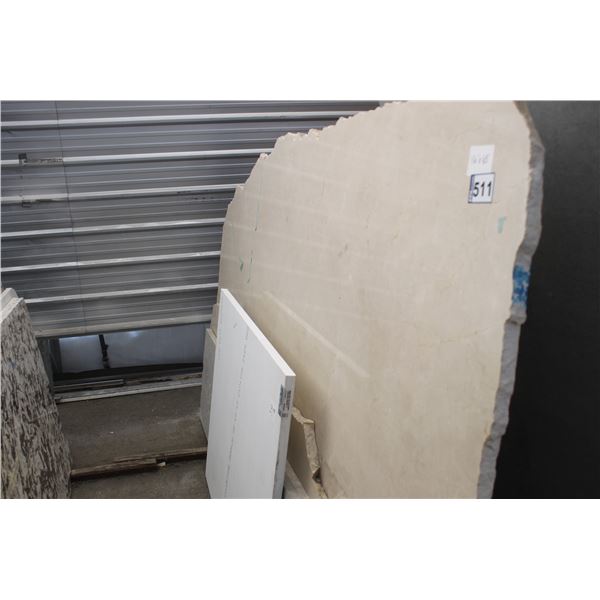 1- Full slab, Approx. 116" x 65" x 1 1/4" thick, Crema marfil Marble and 4- Slabs, Various sizes x 1