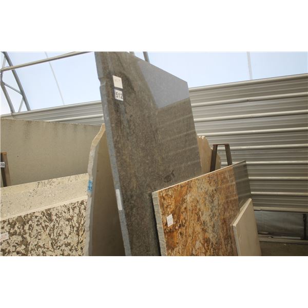 1- Slab, Approx. 134" x 79" x 1 1/4" (L-Shaped), Steel grey and Carnival Granite and 2- Slabs, Vario