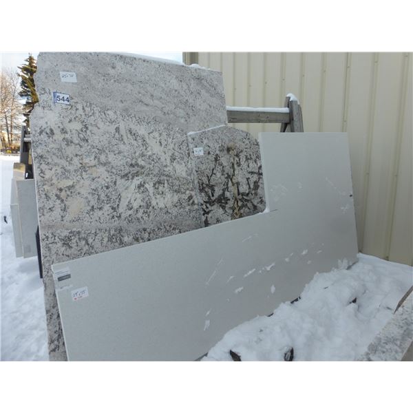 3- Slab Pces, Various sizes x 1 1/4" thick, Compac snow Quartz and Bianco antico Granite