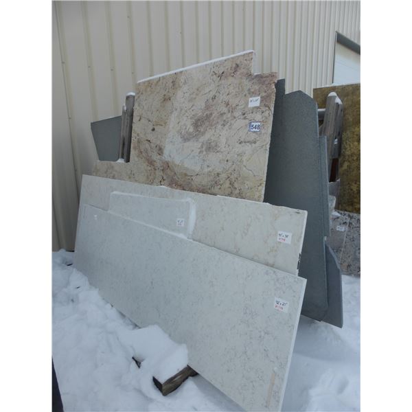 5- Slab Pces, Various sizes x 1 1/4" thick, Orion and Silestone white Quartz and Granite (various co