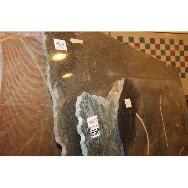 3- Pces, Various sizes x 3/4" thick, Ubatuba Granite & Empress green Marble and 2- Slab Pces, Variou