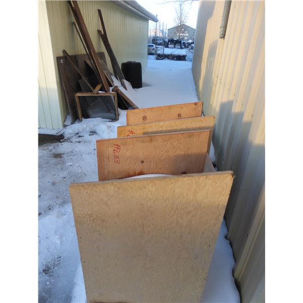Various plywood, black plastic barrel and 2- wood stands